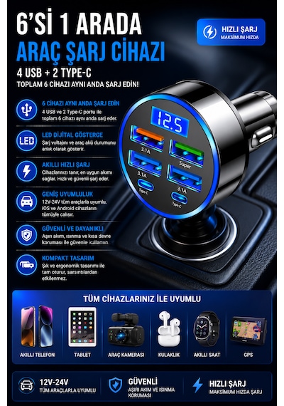 Hızlı Araç Çakmaklık Şarj Cihazı 6 Portlu 4 Usb + 2 Type-c Çıkışlı Dijital Göstergeli Oto Şarjı
