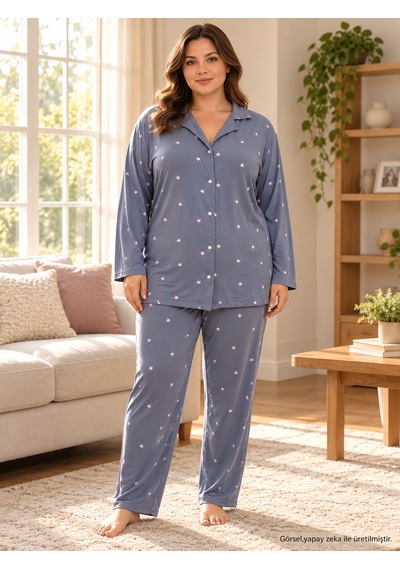 Seboteks Milan Kumaş Önden Düğmeli Uzun Kollu Büyük Beden Kadın Pijama Takımı 3499 Füme