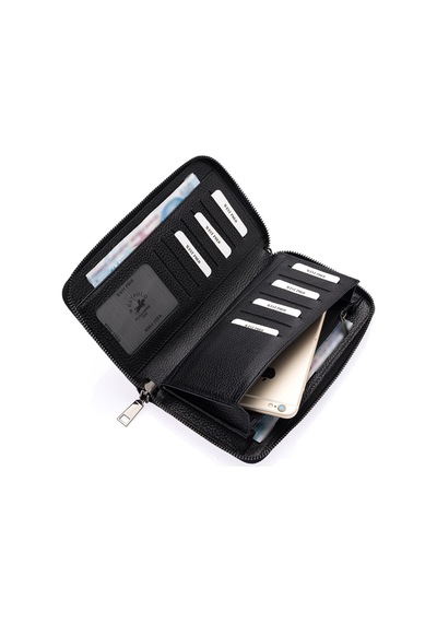 Westpolo Daisy Unisex Hakiki Deri Kağıt Para Ve Telefon Bölmeli Uzun Cüzdan, El Portföyü - Siyah Siyah