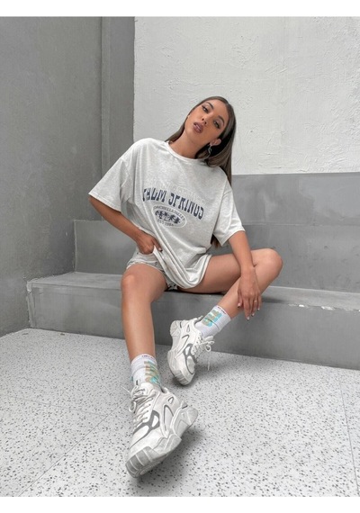 Palm Springs T-shirt - Gri Baskılı Oversize Bisiklet Yaka Kısa Kol Tişört Gri
