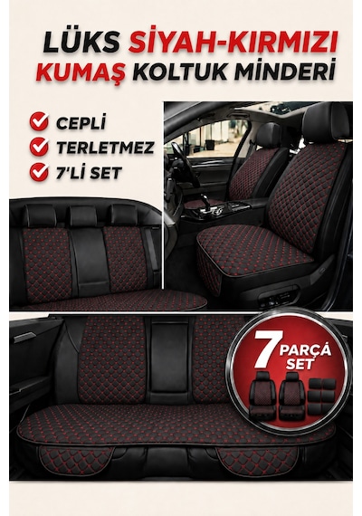 Volkswagen Beetle / Kaplumbağa 1938 2003+ Üniversal 7 Parça Kapitone Koltuk Minderi Siyah Kırmızı