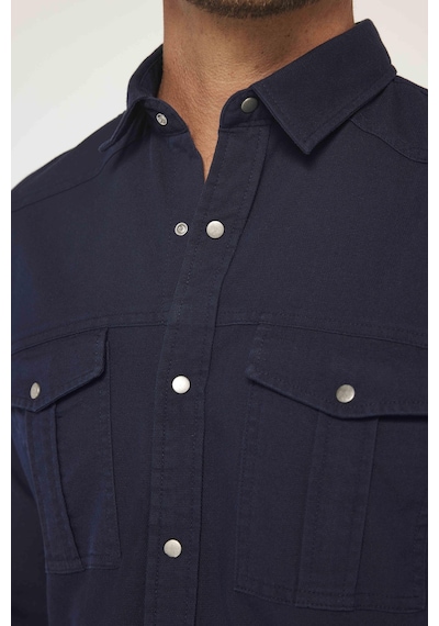 Tudors Erkek Slim Fit Uzun Kollu Spor Yaka Yıkamalı Çift Cepli Armürlü Denim Kot Lacivert Gömlek-31303 Lacivert
