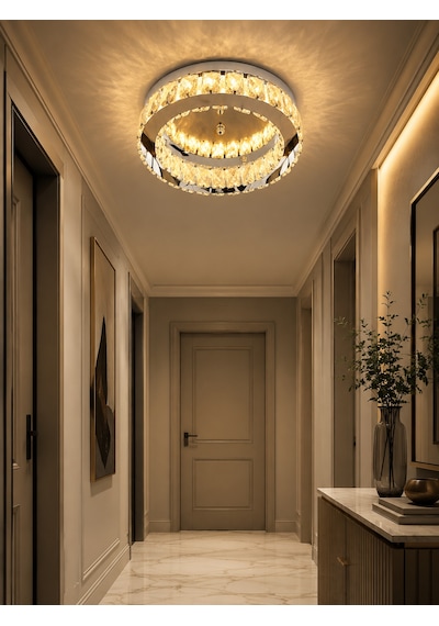 Kristal Taşlı 30 Cm Led Plafonyer Avize 3 Renk Işık, Oda Ve Koridor Aydınlatma Çok Renkli