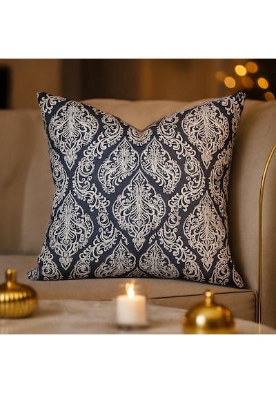 Klasik Desenli Gri Duck Kırlent Kılıfı Lüks Dokulu, Fermuarlı 45 x 45