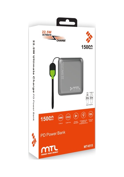 15000 Mah 22.5w Turbo Şarj Dahili Kablolu Led Göstergeli Pd Ve Qc 3.0 Powerbank Mt4515 Gri