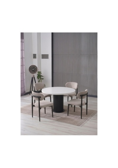 Lina Bohem 90x90 Beyaz/siyah Yuvarlak Masa & 4 Polo Sandalye Seti Krem Krem
