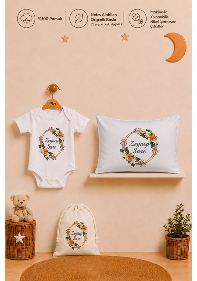 Pia Baby İsimli Kız Bebek Hediye Seti %100 Pamuk Organik Baskılı Body Yastık Kılıfı Ve Ham Bez Bebek Kıyafet Kesesi 1118byk3x Ekru