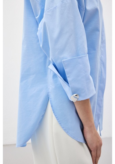 Sateen Düğme Detaylı Gömlek - Mavi-137152 Mavi