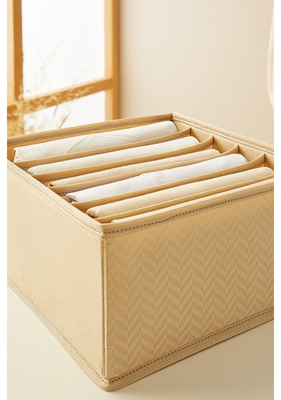 Ocean Home Textile 2'li 6 Bölmeli Bej Balıksırtı Desenli Çekmece İçi Düzenleyici Kutu Set 28 x 28 x 13 cm