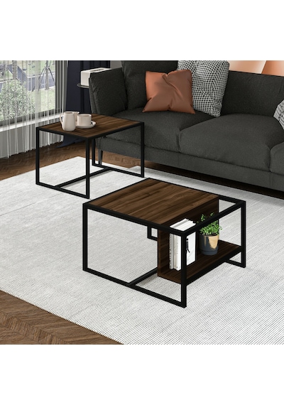 Batı 2 Li Modern Orta Sehpa Takımı Metal Ayaklı, Alt Raflı Ceviz