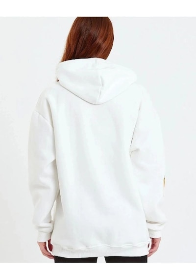 Mbb E-ticaret Kadın Oversize Kapüşonlu Cepli Ön Kol Baskılı 3 İplik Pamuklu Hoodie Sweatshirt - Beyaz