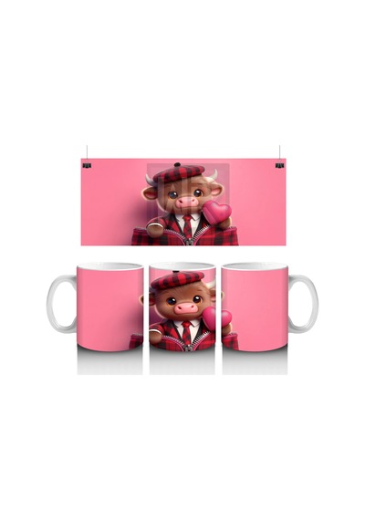 Şapkalı Sevimli Buzağı Ve Pembe Kalpler Baskılı Kupa Bardak Renkli