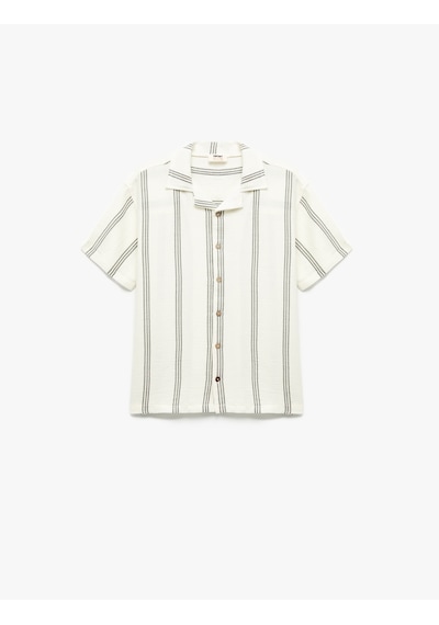 Koton Pamuklu Kısa Kollu Oversize Çizgili Gömlek Ekru Çizgili 5skb60140tw Ekru Çizgili