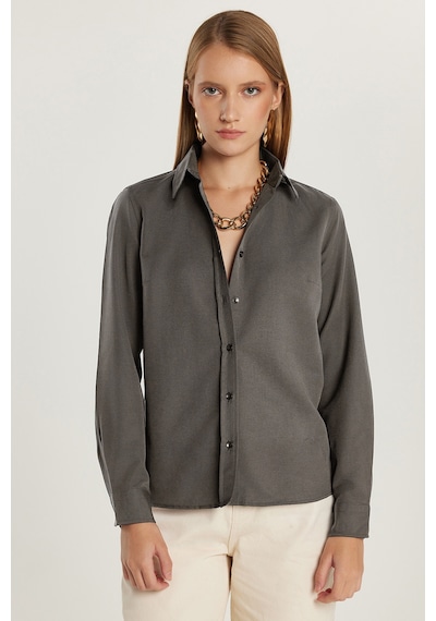 Tudors Kadın Slim Fit Dar Kesim Uzun Kollu Pamuklu Vücuda Oturan Dokulu Antrasit Basic Gömlek-38816