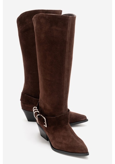 Luvishoes Helıos Kahverengi Süet Hakiki Deri Tokalı Kadın Western Çizme Kahverengi