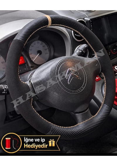Citroen C4 Picasso Dikme Direksiyon Kılıfı Alcantara Süet Mat Karbon Bej Yüzük Ve Dikiş 2010-2013