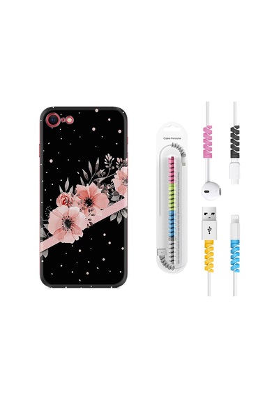 Apple Uyumlu iPhone 7 8 Kılıf Kablo Koruyuculu Flowers Dots 1423