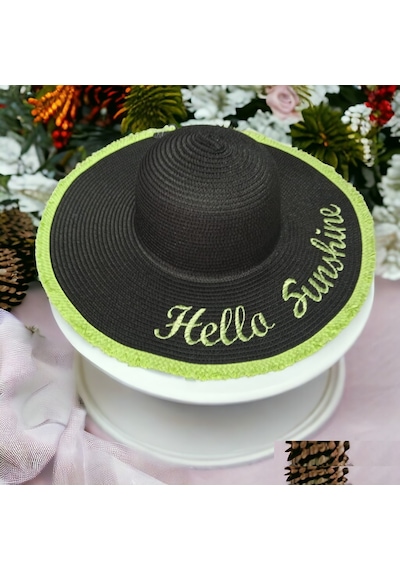Kadın Hasır Plaj Şapkası Natural Black Sute Bucket Hat Plaj Havuz Siyah