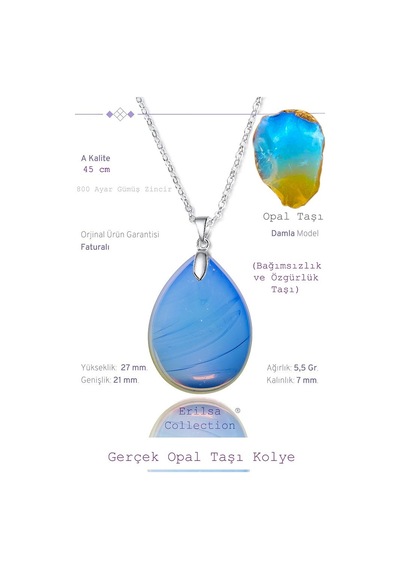 Erilsa Sertifikalı Damla Model Opal Taşı Kolye Gümüş Aparatlı Çok Renkli