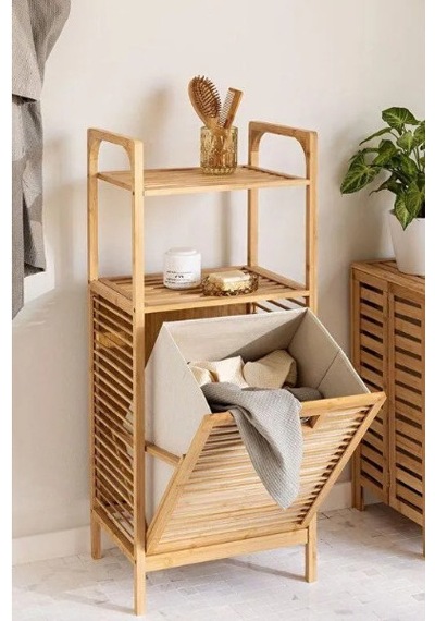 2 Organizer Raflı Ahşap Bambu Çek-aç Kirli Sepeti Sarı