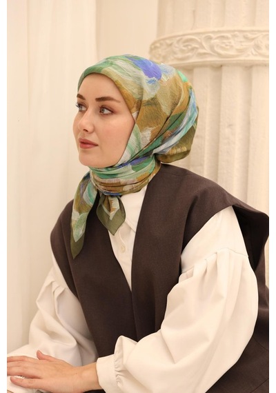 Silk Home Akrilik Desen Olinda İpek Eşarp Zeytin Yeşili
