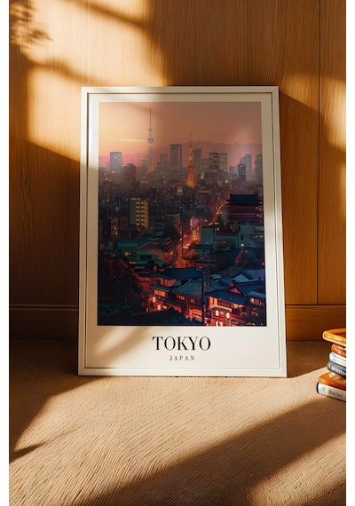 Tokyo Japan Vintage Seyahat Posteri Çerçeveli Tablo - Premium Gece Silüeti Elit Duvar Dekoru Beyaz