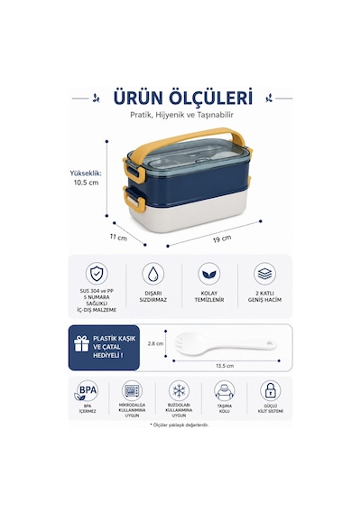 Vagonlife Vgn-462 Lacivert-beyaz 1400 Ml 3 Bölmeli Paslanmaz Çelik Lunch Box Beslenme Kabı Çok Renkli