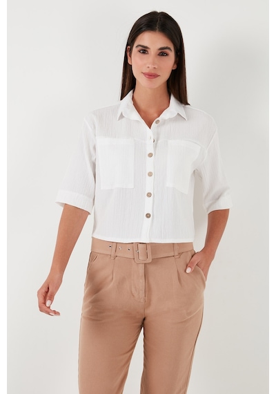 Lela Regular Fit Çift Cepli Kısa Kollu Bayan Gömlek 5865644 Ekru
