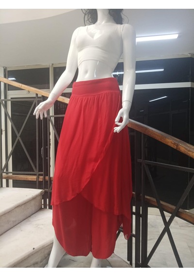 Bohem Stil Kadın Asimetrik Kapaklı Ipek Şalvar Pantolon-8775 Kırmızı