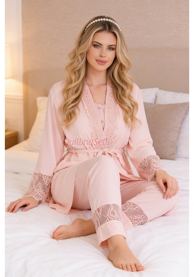 Lady Pembe Renkli, Derin Patlı, Dantel Detaylı 33002 Sabahlıklı 3lü Lohusa Hamile Pijama Takımı Açık Pembe