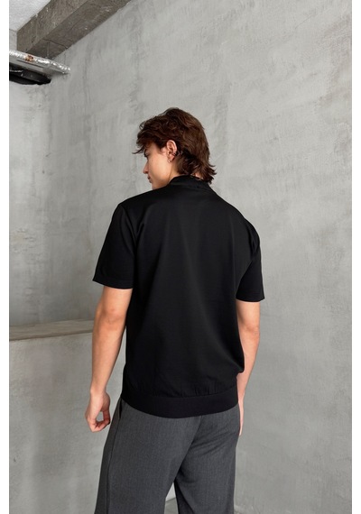 Erkek Oversize Yarım Balıkçı Triko T-shirt Siyah