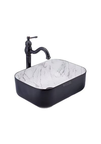 Yuen Banyo Lavabosu Tezgah Üstü Çanak Banyo Lavabosu Doğal Taş Mermer Desenli 40x30x14 Ölçülerinde Siyah
