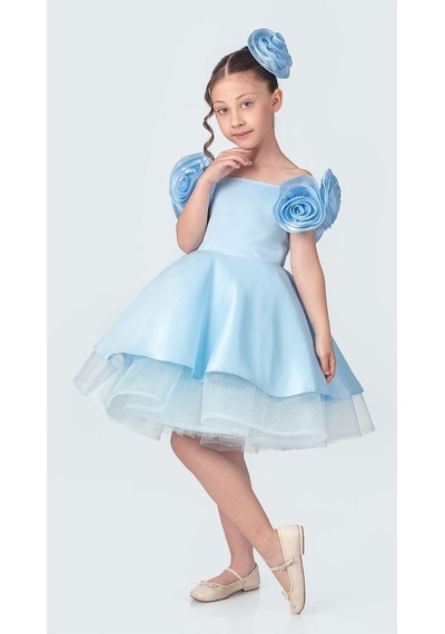 Mnk Baby & Kids Fanari Krep Saten Gren Destekli Kız Abiye M00735 Mavi