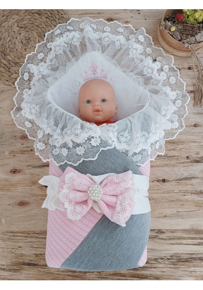 Yenidoğan Teri Cotton Taç Nakışlı Prizma Taş Kundak Bebek Battaniyesi Pembe Renkli Çok Renkli