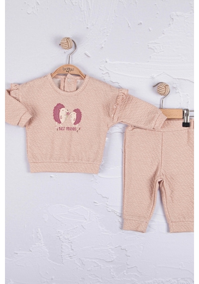 Babydonat Kirpi Nakışlı Pamuk 2'li Kız Bebek Takım Somon