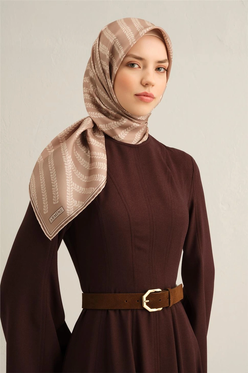Armine Klasik Desenli Saf İpek Twill Eşarp 9351d 40 Vizon