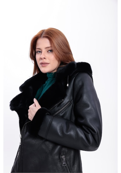 M M Marki Marki Hakiki Deri Kadın Mont Siyah İçi Kürklü Çıkma Kapüşonlu Yakalı Fermuarlı 65 Cm - 120422