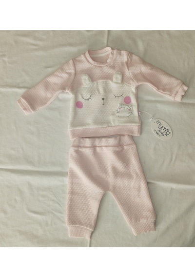 Kız Bebek Ponçik Kulaklı İkili Takım Beyaz - Açık Pembe