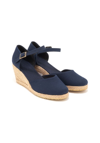Gerçek Elişi Topuğu Kapalı Bilekten Bantlı Keten Espadril Dolgu Topuk Handmade Lacivert