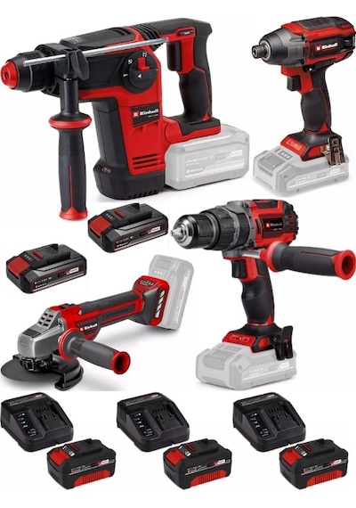 Einhell TP-HD 18/26 + TP-CI 18/220 + TP-CD 18/60 Li + TP-AG 18/125 Ce Q 3x4.0+2x2.5AH Kömürsüz Darbeli Profesyonel Set