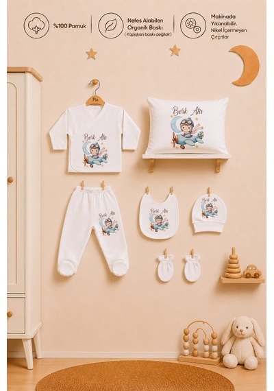 Pia Baby Erkek Bebek Hastane Çıkışı Yastık Kılıfı Ve Zıbın Seti 6 Parça %100 Pamuk İsme Özel Organik Baskılı 1028yzyx Ekru