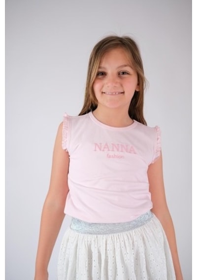 Vintage Kolsuz Fırfırlı Pamuklu Tişört Pudra Pembe Nanna Fashion 2022-G-0