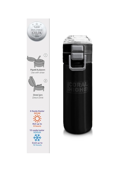 Coral High Kids Siyah Pipetli Ve Direkt İçim Çelik Termos 500 Ml 31827 Siyah