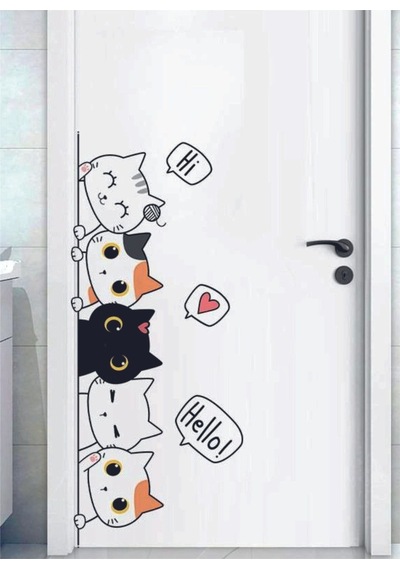 Sevimli Kediler Kapı Duvar Çocuk Odası Sticker 86x38 Cm