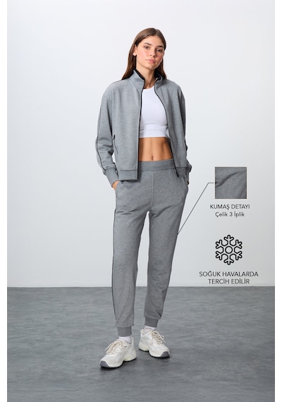 Tommy Life Gri Melanj Kompakt Pamuklu Kalın Pürüzsüz Dokulu Dik Yaka Oversize Fit Kadın Eşofman Takım - 95340 GRİ MELANJ