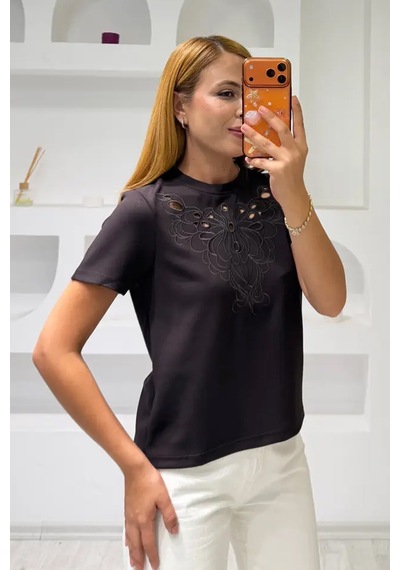 Fiolin Soft Touch Modal Kumaş Nakışlı Lazer Kesim T-shirt Siyah