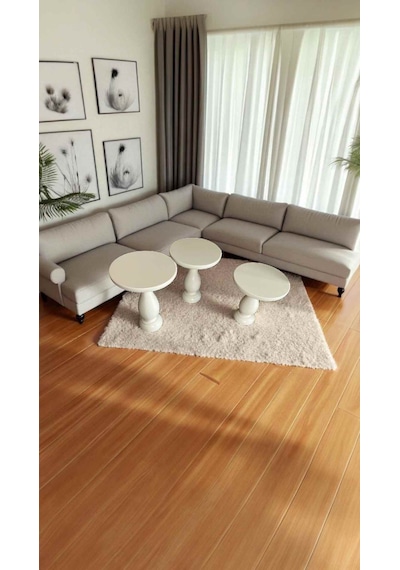 3 Lü Ahşap Mantar Yan Sehpa Takımı Krem Renk Dekoratif Set
