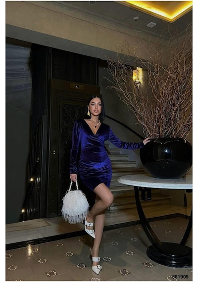 DefyModa Kadın Tasarım Kadife Kumaş Kruvaze Yaka Büzgülü Abiye Elbise Mor