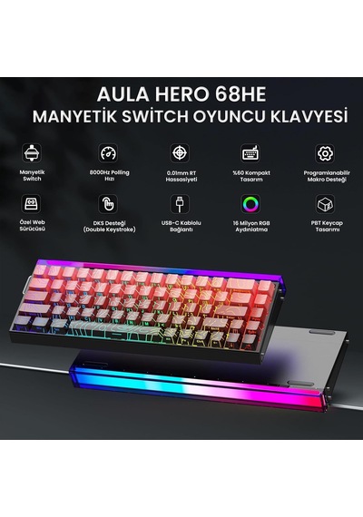 Hero 68 He Manyetik Klavye Rapid Trigger Dragon King Switch 8000hz Rgb Neon Tkl Hot Swap Oyuncu Klavyesi Kırmızı