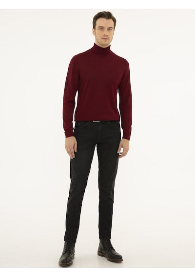 Cacharel Bordo Slim Fit Balıkçı Yaka Basic Triko Kazak Kırmızı